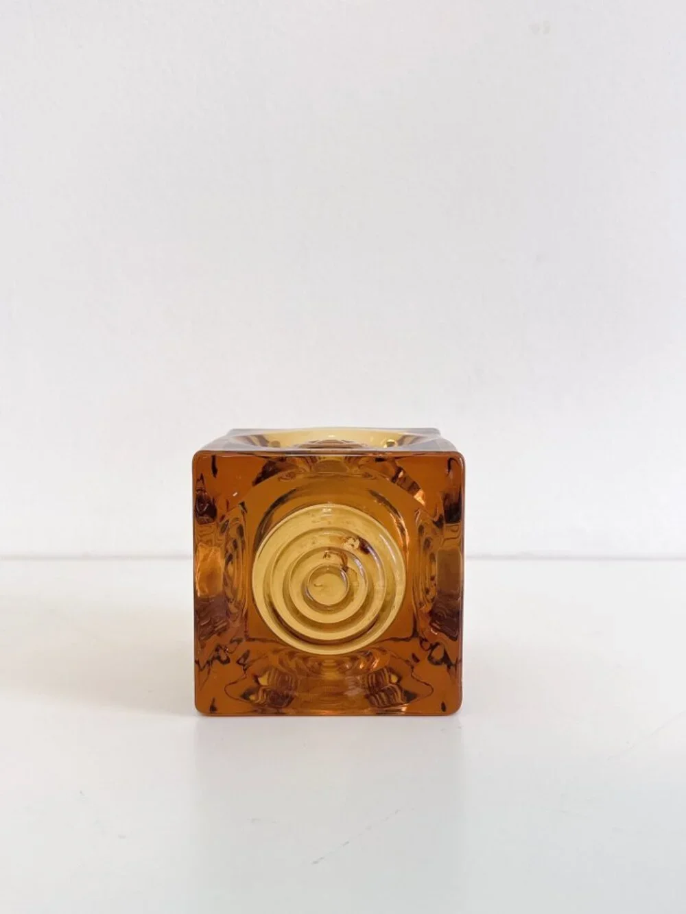 VIKING AMBER GLASS BULLSEYE GLIMMER CUBE CANDLE HOLDER PAPERWEIGHT VINTAGE MCM